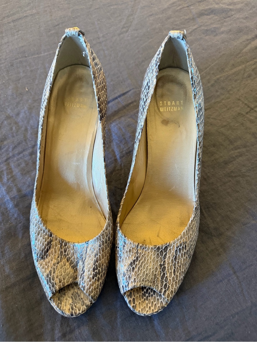 Stuart Weitzman Taupe Snake-Embossed Peep-Toe Heels